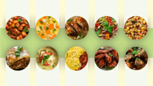Image of ten circular photos showcasing various reheated meals like stews, lasagna, and wings, highlighting diverse food options.