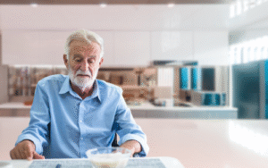 An elderly man in a blue shirt sits at a table with a bowl of food, looking tired, suggesting appetite loss in seniors.