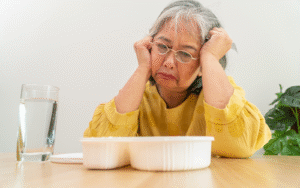 Elderly woman in yellow shirt looking distressed at an empty meal container and glass of water, suggesting appetite loss in seniors.